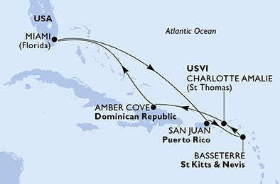 Harta croaziera Croazieră în America Centrală și Caraibe
