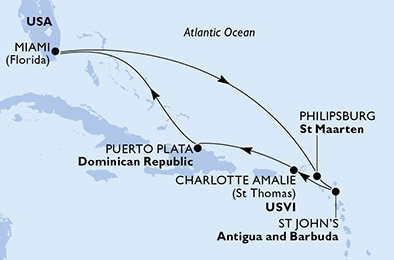Harta croaziera Croazieră în America Centrală și Caraibe