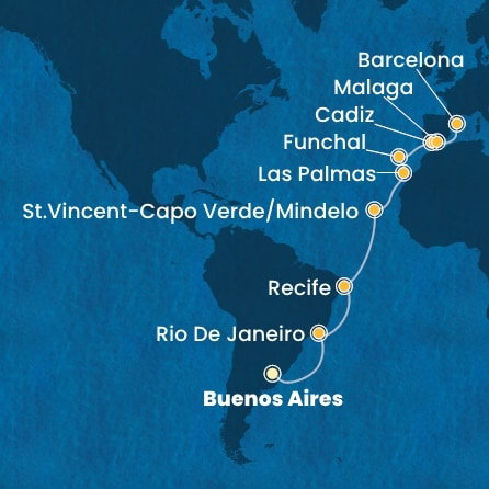 Harta croaziera Argentina, Brazil, Cape Verde, Canary Islands, Madeira , Spain