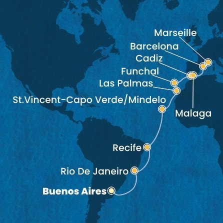 Harta croaziera Argentina, Brazil, Cape Verde, Canary Islands, Madeira , Spain, France