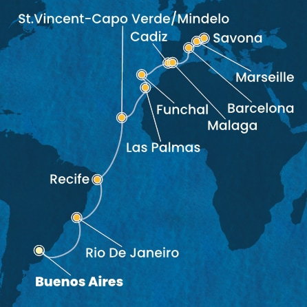 Harta croaziera Argentina, Brazil, Cape Verde, Canary Islands, Madeira , Spain, France, Italy