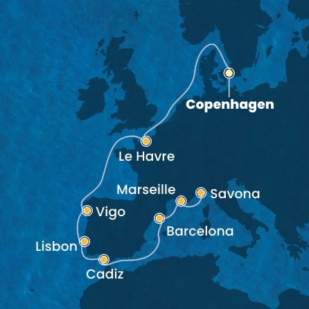 Harta croaziera Denmark, France, Spain, Portugal, Italy