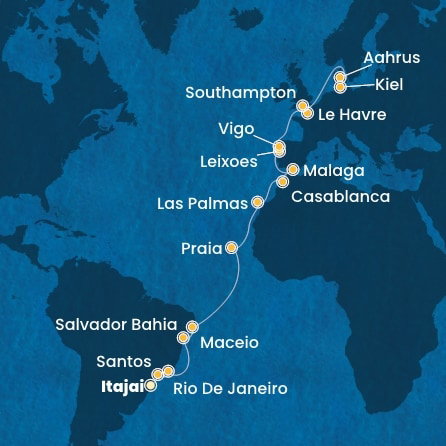 Harta croaziera Brazil, Canary Islands, Morocco, Spain, Portugal, France, England, Denmark, Germany
