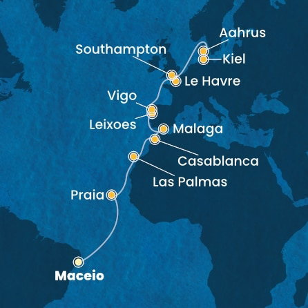 Harta croaziera Brazil, Canary Islands, Morocco, Spain, Portugal, France, England, Denmark, Germany