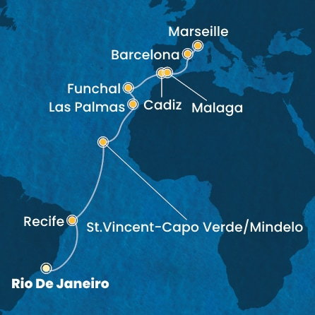 Harta croaziera Brazil, Cape Verde, Canary Islands, Madeira , Spain, France