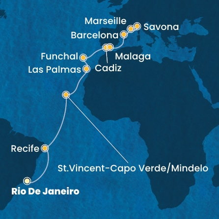 Harta croaziera Brazil, Cape Verde, Canary Islands, Madeira , Spain, France, Italy