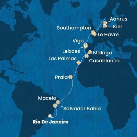 Harta croaziera Brazil, Canary Islands, Morocco, Spain, Portugal, France, England, Denmark, Germany