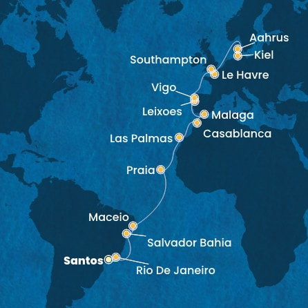 Harta croaziera Brazil, Canary Islands, Morocco, Spain, Portugal, France, England, Denmark, Germany