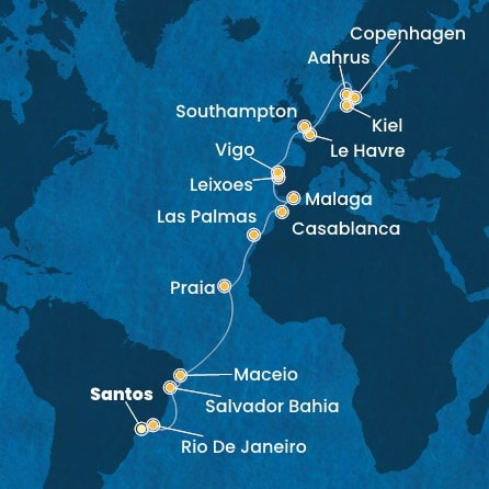 Harta croaziera Brazil, Canary Islands, Morocco, Spain, Portugal, France, England, Denmark, Germany