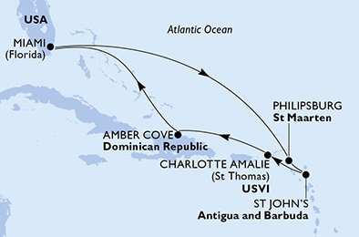 Harta croaziera Croazieră în America Centrală și Caraibe