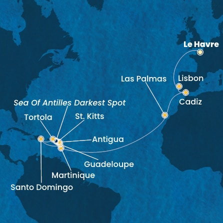 Harta croaziera France, Portugal, Spain, Canary Islands, Antilles, Virgin Islands