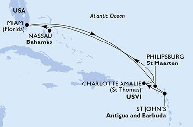 Harta croaziera Croazieră în America Centrală și Caraibe