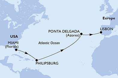 Harta croaziera Miami,Philipsburg,Ponta Delgada,Lisbon