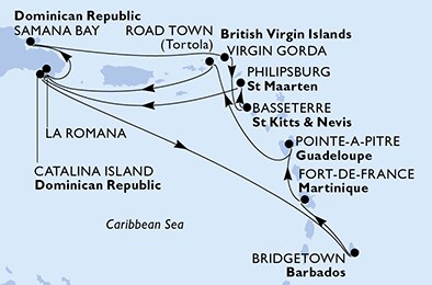 Harta croaziera Croazieră în America Centrală și Caraibe