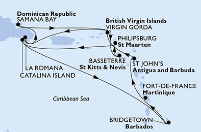 Harta croaziera Croazieră în America Centrală și Caraibe