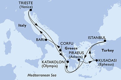 Harta croaziera Croazieră în Mediterana