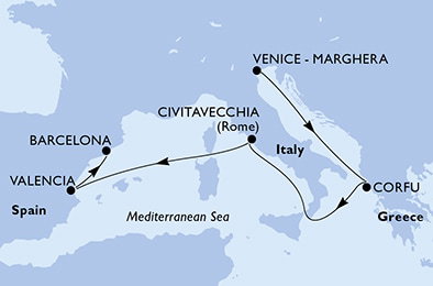 Harta croaziera Croazieră în Mediterana