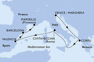 Harta croaziera Croazieră în Mediterana