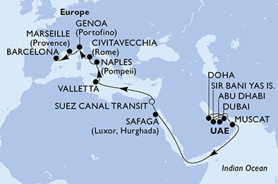 Harta croaziera Doha,Dubai,Dubai,Dubai,Abu Dhabi,Sir Bani Yas,Muscat,Safaga,Suez Canal South,Suez Canal North,Valletta,Naples,Civitavecchia,Genoa,Marseille,Barcelona