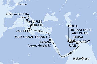 Harta croaziera Doha,Dubai,Dubai,Dubai,Abu Dhabi,Sir Bani Yas,Muscat,Safaga,Suez Canal South,Suez Canal North,Valletta,Naples,Civitavecchia