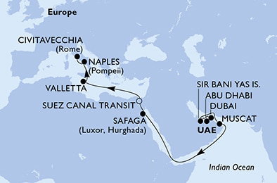 Harta croaziera Dubai,Dubai,Abu Dhabi,Sir Bani Yas,Muscat,Safaga,Suez Canal South,Suez Canal North,Valletta,Naples,Civitavecchia