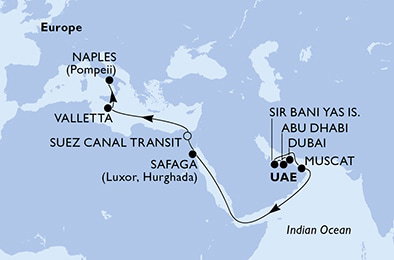 Harta croaziera Dubai,Dubai,Abu Dhabi,Sir Bani Yas,Muscat,Safaga,Suez Canal South,Suez Canal North,Valletta,Naples