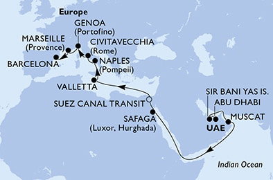 Harta croaziera Abu Dhabi,Sir Bani Yas,Muscat,Safaga,Suez Canal South,Suez Canal North,Valletta,Naples,Civitavecchia,Genoa,Marseille,Barcelona