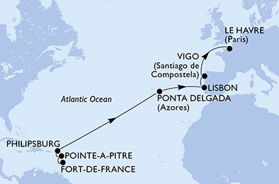 Harta croaziera Fort de France,Pointe-a-Pitre,Philipsburg,Ponta Delgada,Lisbon,Vigo,Le Havre