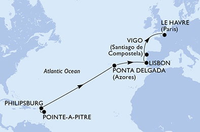 Harta croaziera Pointe-a-Pitre,Philipsburg,Ponta Delgada,Lisbon,Vigo,Le Havre