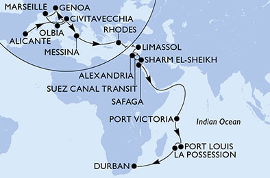 Harta croaziera Alicante,Civitavecchia,Genoa,Marseille,Olbia,Civitavecchia,Messina,Rhodes,Limassol,Alexandria,Suez Canal North,Suez Canal South,Sharm El-Sheikh,Safaga,Port Victoria,Port Louis,La Possession,Durban