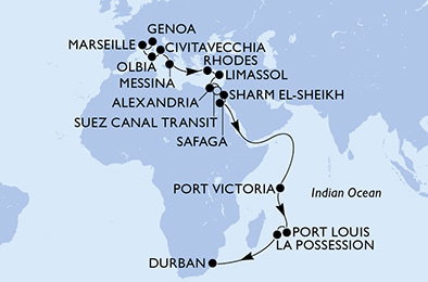 Harta croaziera Genoa,Marseille,Olbia,Civitavecchia,Messina,Rhodes,Limassol,Alexandria,Suez Canal North,Suez Canal South,Sharm El-Sheikh,Safaga,Port Victoria,Port Louis,La Possession,Durban