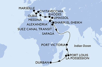 Harta croaziera Marseille,Olbia,Civitavecchia,Messina,Rhodes,Limassol,Alexandria,Suez Canal North,Suez Canal South,Sharm El-Sheikh,Safaga,Port Victoria,Port Louis,La Possession,Durban