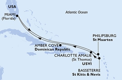 Harta croaziera Croazieră în America Centrală și Caraibe
