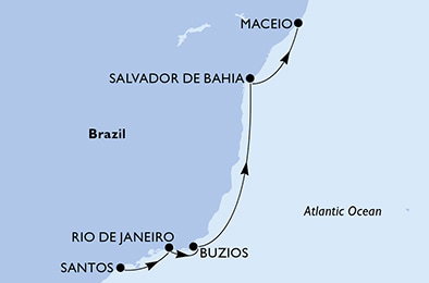Harta croaziera Santos,Rio de Janeiro,Buzios,Salvador,Maceio