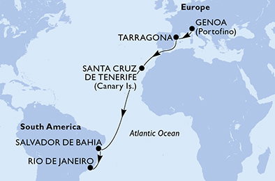 Harta croaziera Genoa,Tarragona,Santa Cruz de Tenerife,Salvador,Rio de Janeiro