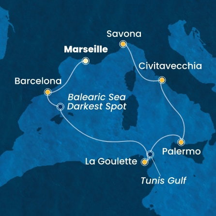 Harta croaziera France, Spain, Tunisia, Italy