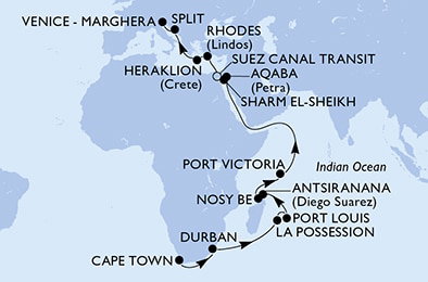 Harta croaziera Cape Town,Durban,La Possession,Port Louis,Antsiranana,Nosy Be,Port Victoria,Aqaba,Sharm El-Sheikh,Suez Canal South,Suez Canal North,Rhodes,Heraklion,Split,Venice-Marghera