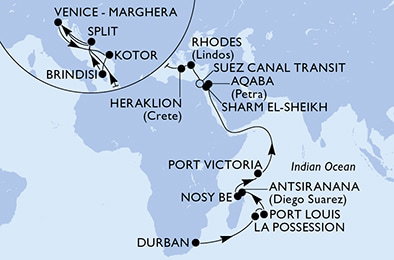Harta croaziera Durban,La Possession,Port Louis,Antsiranana,Nosy Be,Port Victoria,Aqaba,Sharm El-Sheikh,Suez Canal South,Suez Canal North,Rhodes,Heraklion,Split,Venice-Marghera,Kotor,Brindisi,Split,Venice-Marghera