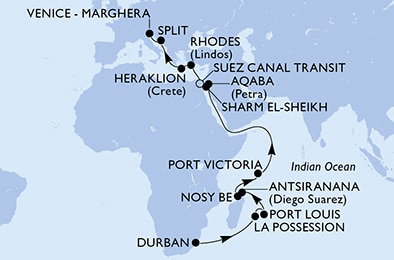 Harta croaziera Durban,La Possession,Port Louis,Antsiranana,Nosy Be,Port Victoria,Aqaba,Sharm El-Sheikh,Suez Canal South,Suez Canal North,Rhodes,Heraklion,Split,Venice-Marghera