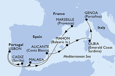 Harta croaziera Croazieră în Mediterana