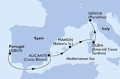 Harta croaziera Croazieră în Mediterana